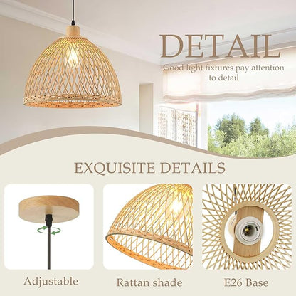 Hand-Woven Rattan Pendant Light, 16 Inch Boho Wicker Lights Fixture Wite Adjustable Cable, Coastal Hanging Lighting for Kitchen Island Dining Room Living Room Entrance Foyer