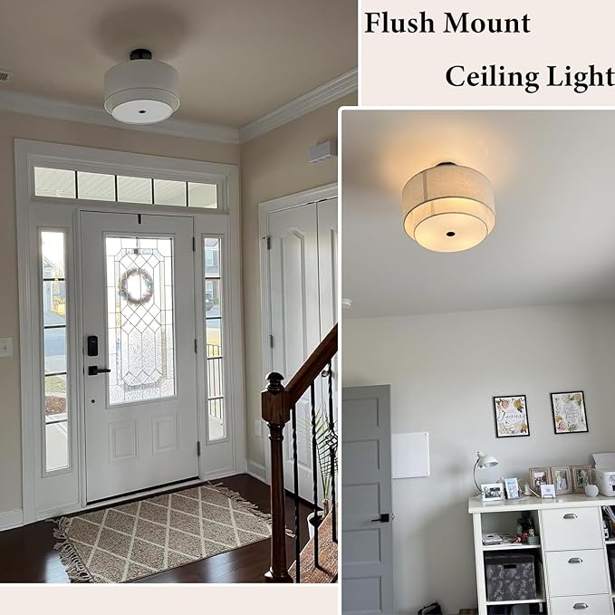 FRIDEKO HOME Ceiling Light Fixture-15.7 inch Light Fixtures Ceiling Mount with 2-Layer Fabric Shade Drum Light Fixture for Bedroom Living Room Kitchen Foyer Hallway