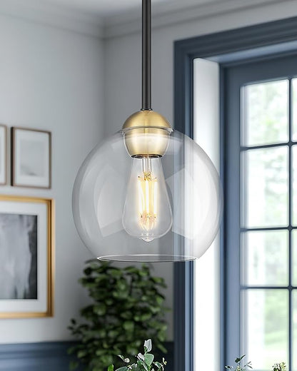 Emak Modern 8 Inch Glass Pendant Lights Kitchen Island, 2 Pack Black and Gold Pendant Light Fixtures, Farmhouse Globe Island Lights for Kitchen, Dining Room, Bathroom, PL121-BKBGD-CG-2PK