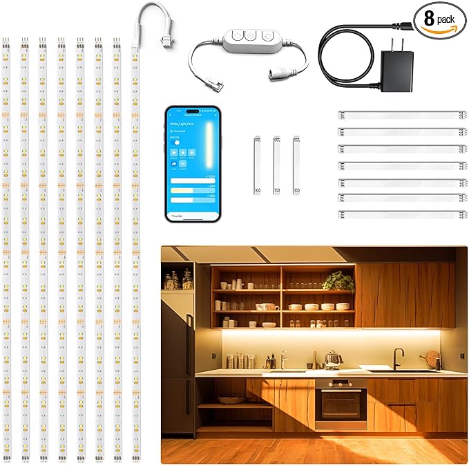 DAYBETTER Under Cabinet Lighting kit,8 PCS Under Cabinet Lights,Dimmable LED Strip Lights for APP Control,LED Lights for Kitchen Cabinet,Counter Shelf 2700K-6500K Warm to Daylight White,Timing,13.2ft