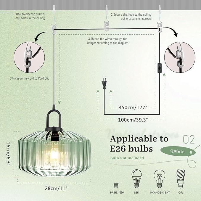 Plug-in Hanging Lamp Light Green Pendant Lights with 14.7 ft Cord Vintage Large Striped Glass Pendant Lamp Modern Glass Hanging Light Plug in Chandelier Lighting Mid Century Swag Lamp
