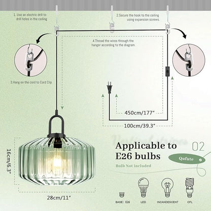 Plug-in Hanging Lamp Light Green Pendant Lights with 14.7 ft Cord Vintage Large Striped Glass Pendant Lamp Modern Glass Hanging Light Plug in Chandelier Lighting Mid Century Swag Lamp