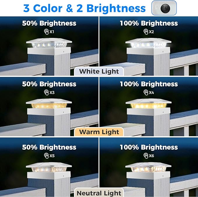 Peasur 4x4 Solar Post Cap Lights Outdoor with 3 Modes, 16 Packs White Fence Light Solar Powered Waterproof, Wood/Vinyl Deck Post Lights for Yard Garden Patio Porch Outside