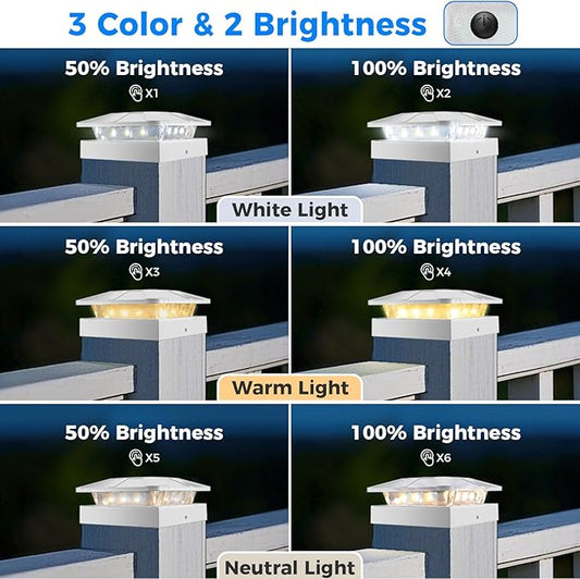 Peasur 4x4 Solar Post Cap Lights Outdoor with 3 Modes, 8 Packs White Fence Light Solar Powered Waterproof, Wood/Vinyl Post Caps for Deck Yard Garden Patio Porch Outside