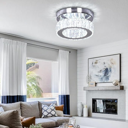 Modern Mini Crystal Chandelier LED Small Flush Mount Round Ceiling Light K9 Crystal Ceiling Lamp for Hallway Foyer Kitchen Bedroom (Cool White)