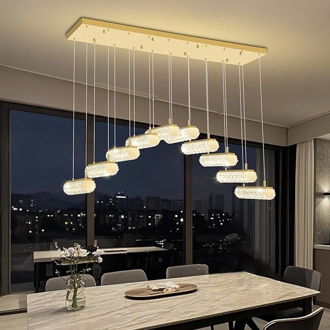 Crystal Kitchen Chandeliers Over Table,Rectangular Crystal Chandelier for Living Room Modern Linear Chandelier for Dining Room Dimmable Gold 10 Lights