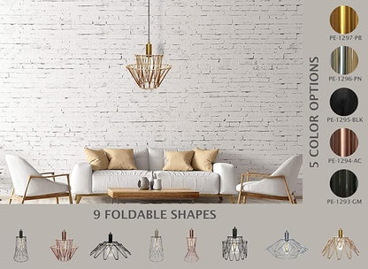 Royal Designs, Inc. Foldable Industrial Metal Pendant Light with Adjustable 7 ft Long Lamp Cord & Canopy, Create 9 Different Shapes, Polished Brass, Single