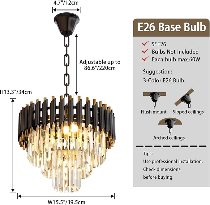 Modern Black Crystal Chandelier, 16" 5-Light Round Chandelier,3 Tiers Ceiling Pendant Light, Adjustable Hanging Chandeliers for Dining Room, Foyer, Living Room, Staircase