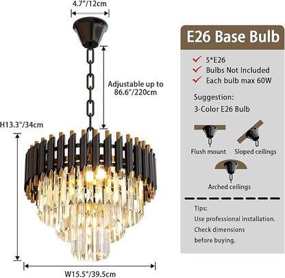 Modern Black Crystal Chandelier, 16" 5-Light Round Chandelier,3 Tiers Ceiling Pendant Light, Adjustable Hanging Chandeliers for Dining Room, Foyer, Living Room, Staircase