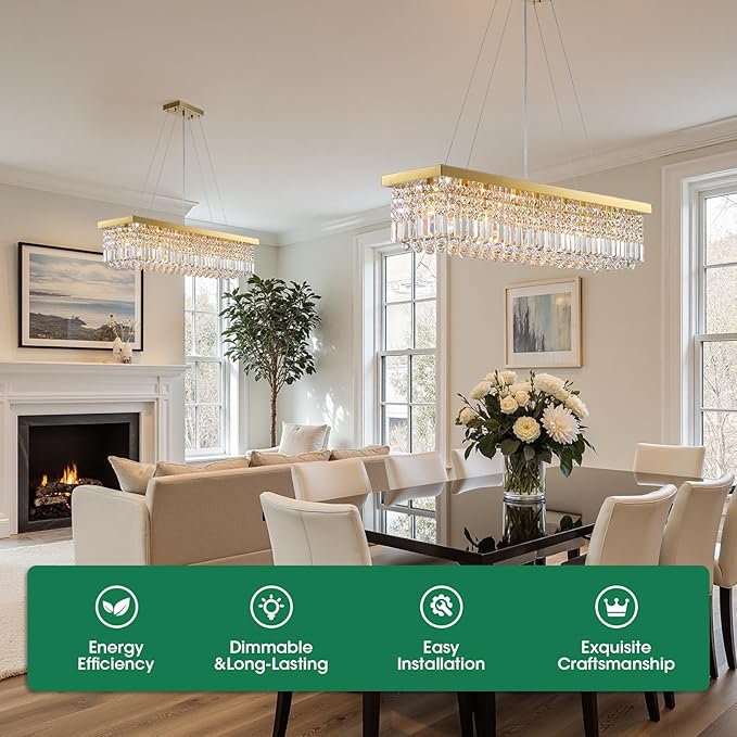Gold Modern Crystal Chandeliers for Dining Room Kitchen Island Light Fixture, 8-Light Rectangle Chandelier for Living Room, L39.4 Inch