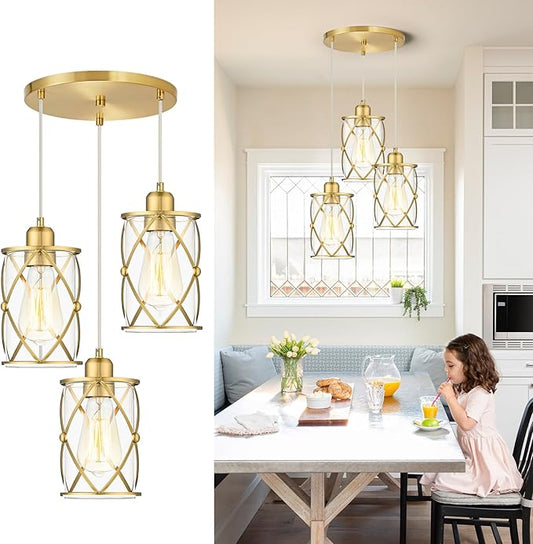 Brushed Gold Dining Room Chandeliers Light Fixtures, Modern 3-Light Pendant Lighting with Clear Glass, Farmhouse Cluster Kitchen Hanging Lights for Sink Bedroom, CH9176BG3