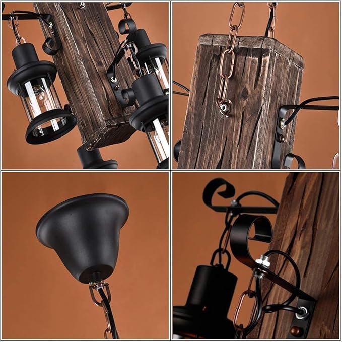 Wood Retro Pendant Lighting Industrial Vintage Chandelier Black Metal Bedroom Restaurant Suspension Lamp Cage Frame with Glass Shade House Loft Bar Coffee Decoration Ceiling Lights Fitting, E27