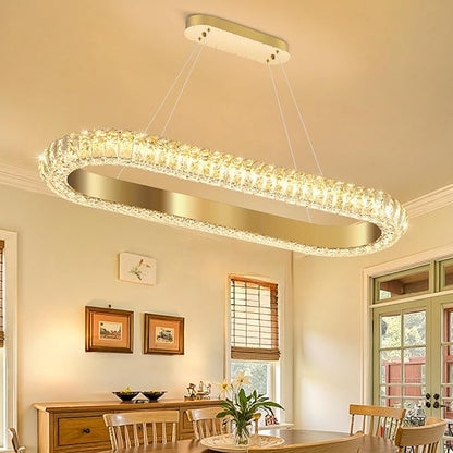 32'' Oval Ring Crystal Chandelier Modern LED Dimmable Ring Pendant Light Chandelier for Dining Room Living Room Gold