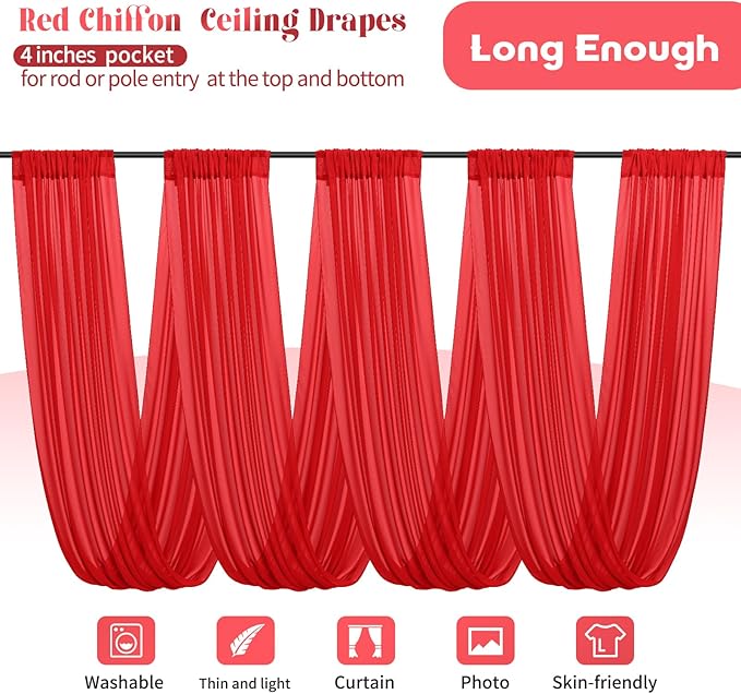 4 Panels Red Ceiling Drapes for Wedding Ceiling Drapes 5ftx40ft Wedding Arch Draping Fabric Sheer Curtains Voile Chiffon Drapery Draping Decorations for Party Ceremony Stage