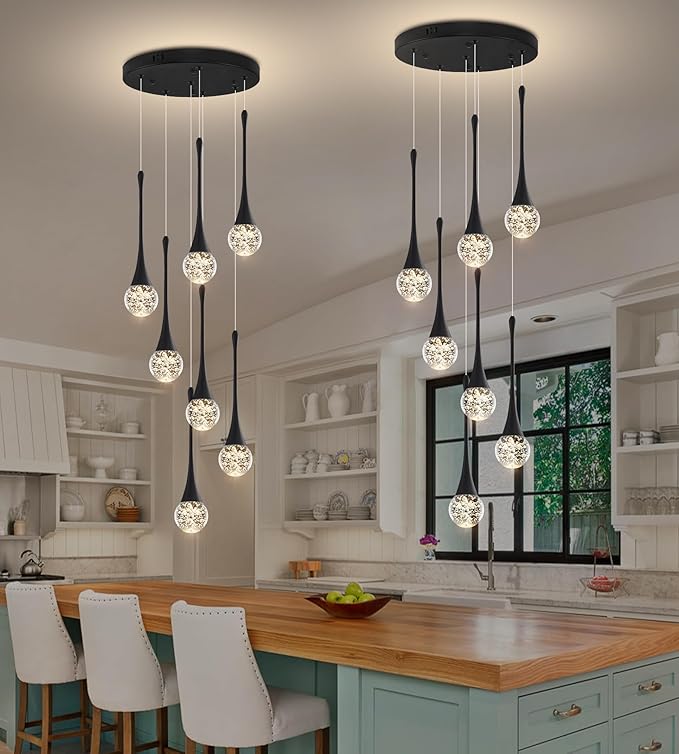 Modern Black Crystal Chandelier for Kitchen Island 7-Lights, Luxury Spiral Dimmable LED Bubble Raindrop Pendant Lighting Fixture for Dining Room Foyer Entryway Bedroom