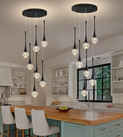 Modern Black Crystal Chandelier for Kitchen Island 7-Lights, Luxury Spiral Dimmable LED Bubble Raindrop Pendant Lighting Fixture for Dining Room Foyer Entryway Bedroom