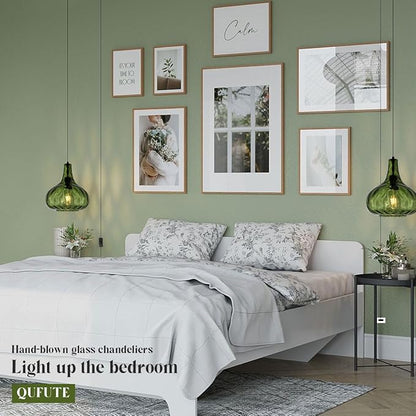 Plug in Pendant Light Fixture,Vintage Hanging Lamp with Cord Hammered Green Glass Globe Shade Mid-Century Modern Ceilig Pendant Lamp Plug in Hanging Lamp for Bedroom Dining Living Room