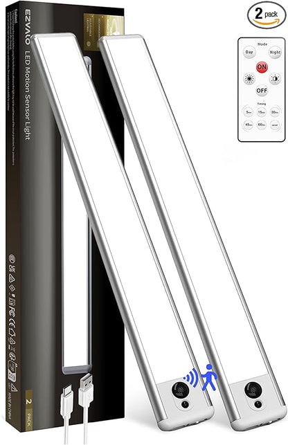 EZVALO 2 Pack Under Cabinet Lights, 14.5'' Magnetic Motion Sensor Light, 4000mAh Large Capacity Rechargeable Closet Light, Remote Control Dimmable 5700K Cool White for Kitchen, Stairs, Hallway
