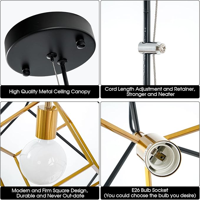 Modern Geometric Chandelier, 1-Light Metal Pendant Light Fixture Black Brass Hanging Ceiling Light Industrial Farmhouse Cube Lighting for Kitchen Island Entryway, E26 Base