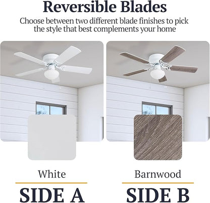 Prominence Home Alvina Traditional 42 Inch Ceiling Fan with Light, LED Flush Mount Ceiling Fan, Indoor Fan with 5 Blades, White and Gray Oak Blade Finish Options, White (80092-01)