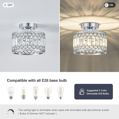 Pevfah Crystal Chrome Ceiling Light, Modern Semi Flush Mount Ceiling Lighting Fixture, Round Hallway Lighting Fixtures for Entryway Kitchen Bedroom Laundry Room, 1-Light, 9 Inch