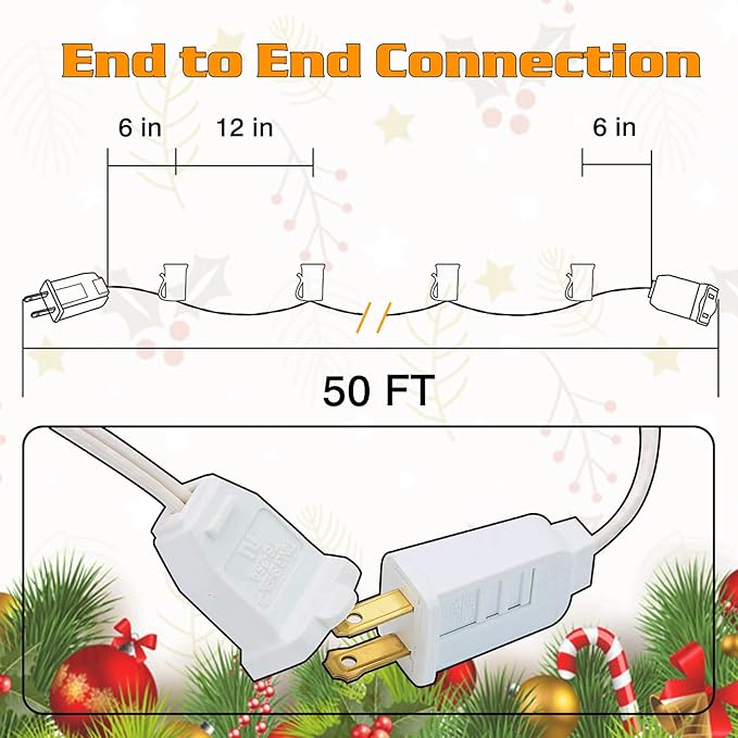 50FT C7 Light String Christmas Stringer, E12 Christmas Sockets 12" Spacing, C7 Stringer Set Green Outdoor String Light for Wedding Patio Event Lighting Decor, White Wire