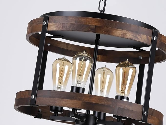 4-Light Large Rustic Farmhouse Plug in Pendant Light Fixture with Adjustable Chain, Dimmable Switch, 16.5 inch Oak Wood Drum Hanging Lamp for Dining Room Living Room Farmhouse Entry, Black