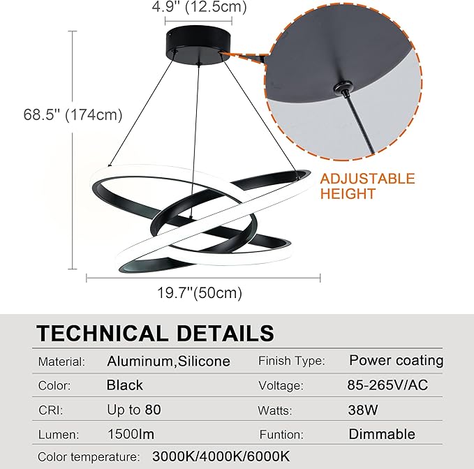 MAYNA Modern Ring Chandelier for Dining Room,Dimmable LED Pendant Light with Remote, Irregular Light Fixture for Kitchen Island Over Table, 3 Color Changeable Hanging Lamp, Black 19.7 inch