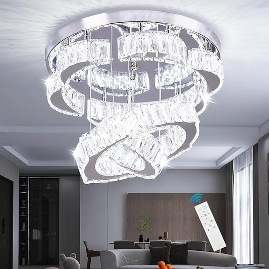 15.7" Modern Crystal Chandelier with Remote 2 Rings Round Flush Mount Ceiling Light Flower LED Dimmable Chandeliers for Bedroom Living Room Dining Room Dimmable