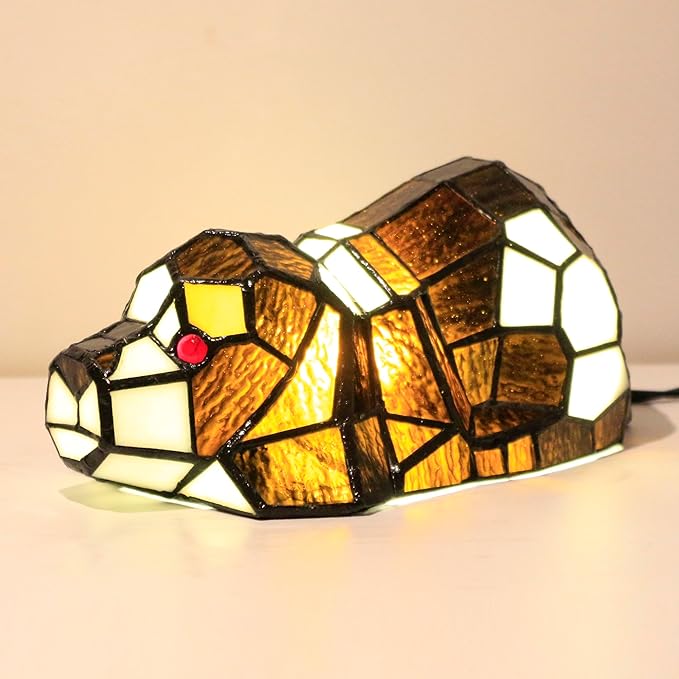 Small Tiffany Lamp Stained Glass Animal Table Lamp Mini Accent Desk Light (Brown White Dog)
