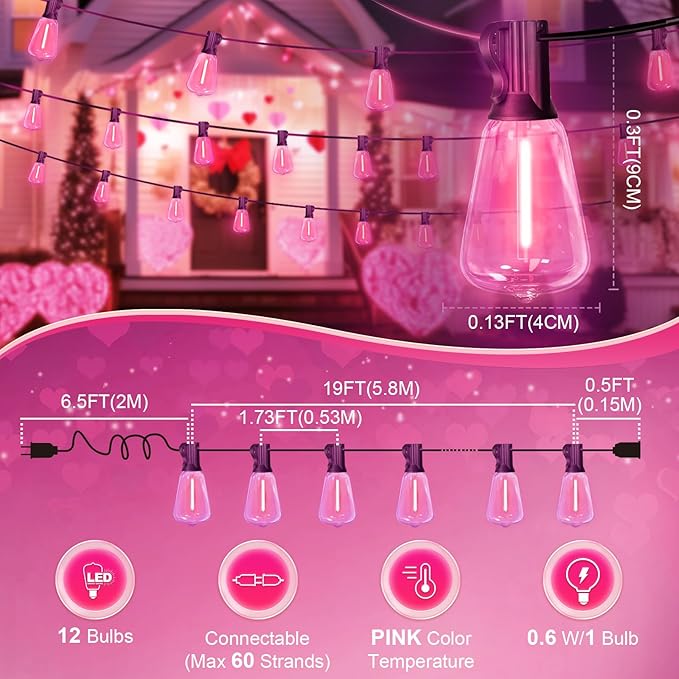 LAMPHOME 26Ft ST38 Outdoor String Lights, Pink Patio Lights, Connectable Waterproof Shatterproof LED String Lights for Outside Valentine's Day Wedding Garden Backyard Deck Porch Christmas Party Decor