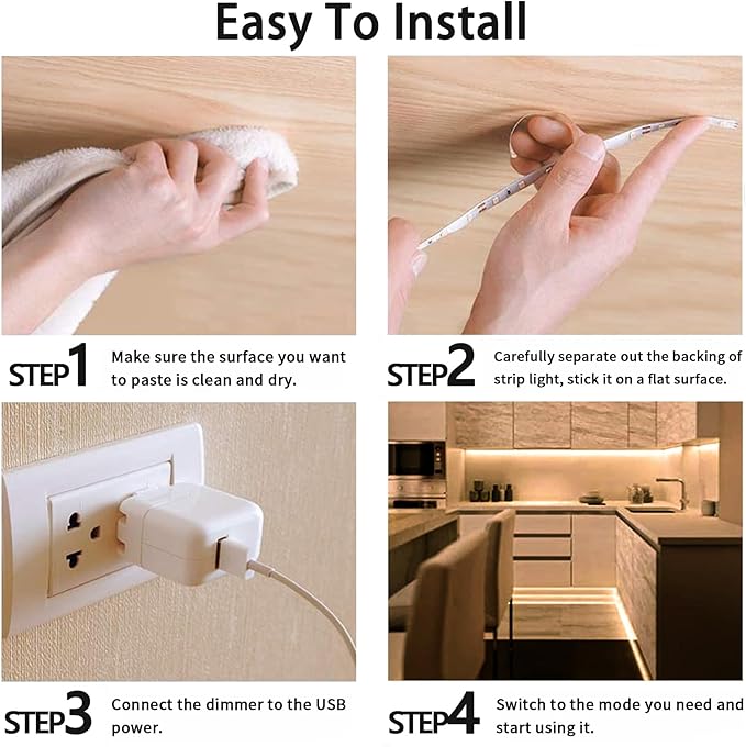 Motion Sensor LED Light Strip, Ultra Warm Yellow 2200K Strip Light USB Powered 16.4ft, Day/Night Modes & Dimming Brightness, Adhesive Tape 5V Free Cutting Rope Lights for Decor