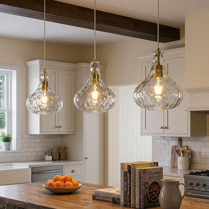 Modern Glass Pendant Light 9.44 in Clear Hammered Glass Shade Gold Farmhouse Island Pendant Lights for Kitchen Pendant Lighting Over Sink Bedroom Dining Room (1 Pack)