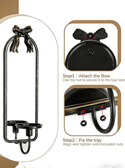 Candle Sconces Black Wall Decor: Set of 2 Metal Wall Candle Holder Decorative for Taper Pillar Candles - Vintage Bow Mirror Sconces Art for Fireplace Bathroom Livingroom