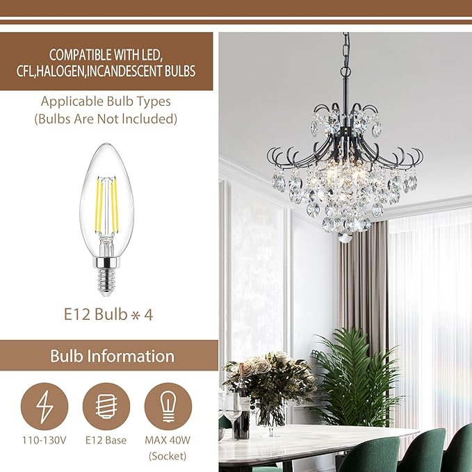 Black Crystal Chandeliers, 4-Light Modern Dining Room Light Fixture, Living Room Bedroom Pendant Ceiling Lamp, Industry Adjustable Hanging Light, H 17.7'' x W 18.1''