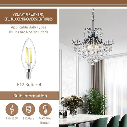 Black Crystal Chandeliers, 4-Light Modern Dining Room Light Fixture, Living Room Bedroom Pendant Ceiling Lamp, Industry Adjustable Hanging Light, H 17.7'' x W 18.1''