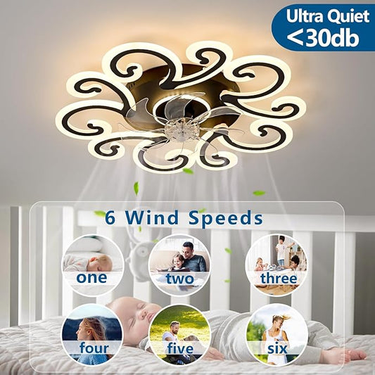 29" White Flower Modern Ceiling Fan with Lights Remote Control, Low Profile Ceiling Fan with Light for Kitchen Bedroom Living Room