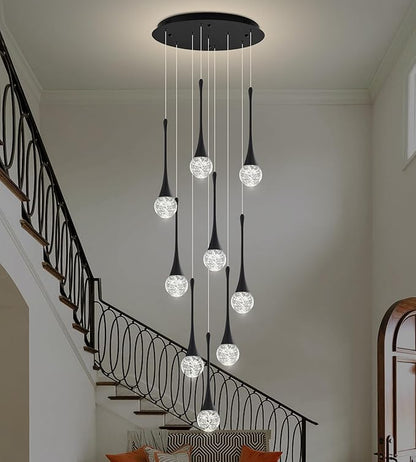 Modern Black Crystal Chandelier for High Ceiling 9-Lights, 99 Inches Luxury Spiral Dimmable LED Bubble Raindrop Pendant Lighting Fixture for Staircase Foyer Entryway Living Room