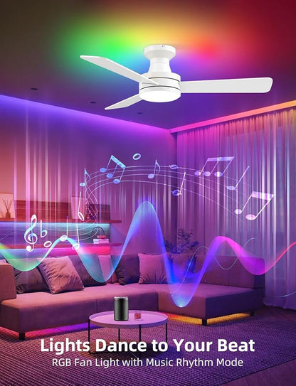 42 inch RGB Ceiling Fan with Light, Smart App & Remote Control Low Profile Flush Mount, Music Sync Lighting, 6-Speed Quiet Reversible DC Motor, 4CCT Dimmable for Home Office Party,White
