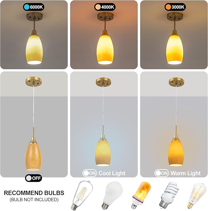 Viinew Mini Glass Pendant Light 4.72" Walnut Wood Grain Pendant Lights 3-Pack Handblown Art Oval Glass Hanging Pendant Light for Kitchen Island Dining Room Living Foyer Hallway Entry Brushed Gold