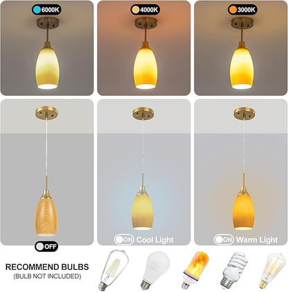 Viinew Mini Glass Pendant Light 4.72" Walnut Wood Grain Pendant Lights 3-Pack Handblown Art Oval Glass Hanging Pendant Light for Kitchen Island Dining Room Living Foyer Hallway Entry Brushed Gold