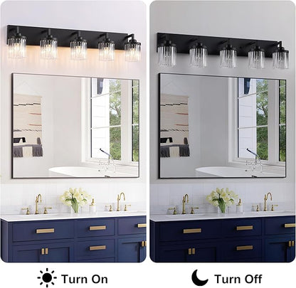 Modern Crystal Bathroom Light Fixtures, 5 Light Black Farmhouse Vanity Lights, with Crystal Glass Shade, Industrial Bathroom Lighting Fixtures Over Mirror Wall Light for Bedroom Living Room