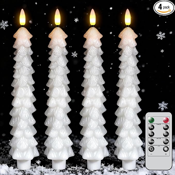 GenSwin Christmas Tree Flameless Candles with Remote Timer, White Christmas Tree LED Taper Candles with 3D Flickering Flame, 4 Pcs LED Candlesticks for Christmas Winter Home Decoration(0.78” x 9.8”)