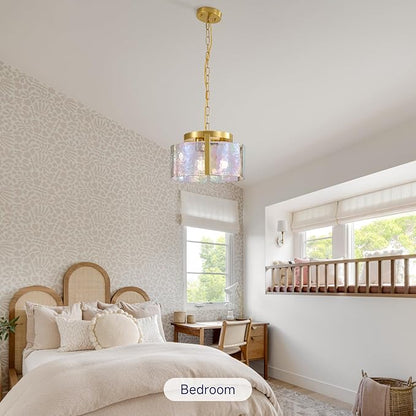 Gold Glass Chandelier for Dining Room,3 Light Pendant Lighting Modern Kitchen Chandeliers Over Table Drum Light Fixture Ceiling Hanging Round Chandelier for Bedroom Living room Entryway Foyer Bathroom
