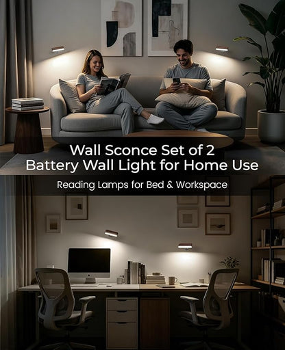 Wood LED Wall Sconce Magnetic 360°Rotate Mounted Mini Lamp Brightness Adjustable Nightlights Rechargeable Battery Powered Reading Light for Bedside Hallway Living Room Black Walnut Set of 2