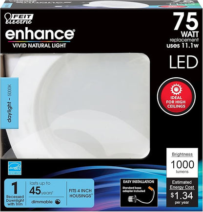 Feit Electric LED 4 Inch Recessed Lights Retrofit with E26 Adaptor, High Output 75W Equivalent 1000 Lumens, 4in Retrofit Downlights Dimmable, 50,000 Hours, 5000 CCT, 6 Pack, LEDR4XHO/950CA/6