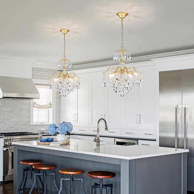WUZUPS 5-Light Crystal Chandelier Pendant Ceiling Light Modern Lighting Fixture for Bedroom Hallway Bar Kitchen Bathroom, H 20.3" W17.1, E12 Base, Gold