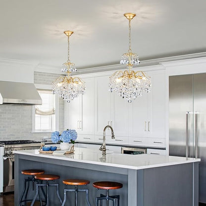 WUZUPS 5-Light Crystal Chandelier Pendant Ceiling Light Modern Lighting Fixture for Bedroom Hallway Bar Kitchen Bathroom, H 20.3" W17.1, E12 Base, Gold