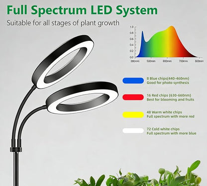 Grow Lights for Indoor Plants, 2-Head Full Spectrum LED Plant Light with Stand, 67" Adjustable Height, 3/9/12H Timer, 10 Dimmable Levels & 3 Lighting Modes