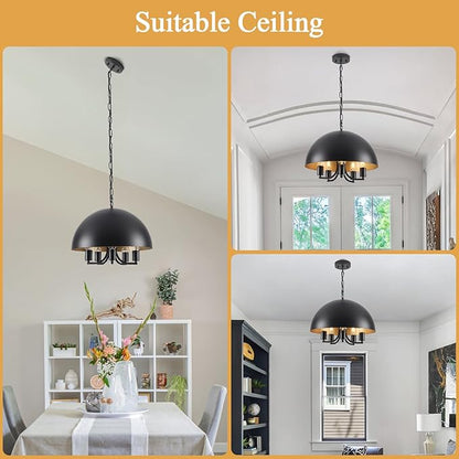 Black and Gold Ceiling Light - 17.7 Inch Black Large Farmhouse Dome Dining Room Chandelier 5-Lights Kitchen Island Pendant Hanging Lighting Modern Foyer Entryway Hallway